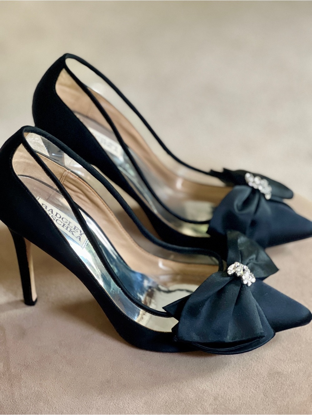 Badgley Mischka Black Satin Pointed-Toe Bow Pumps with Crystal Accent